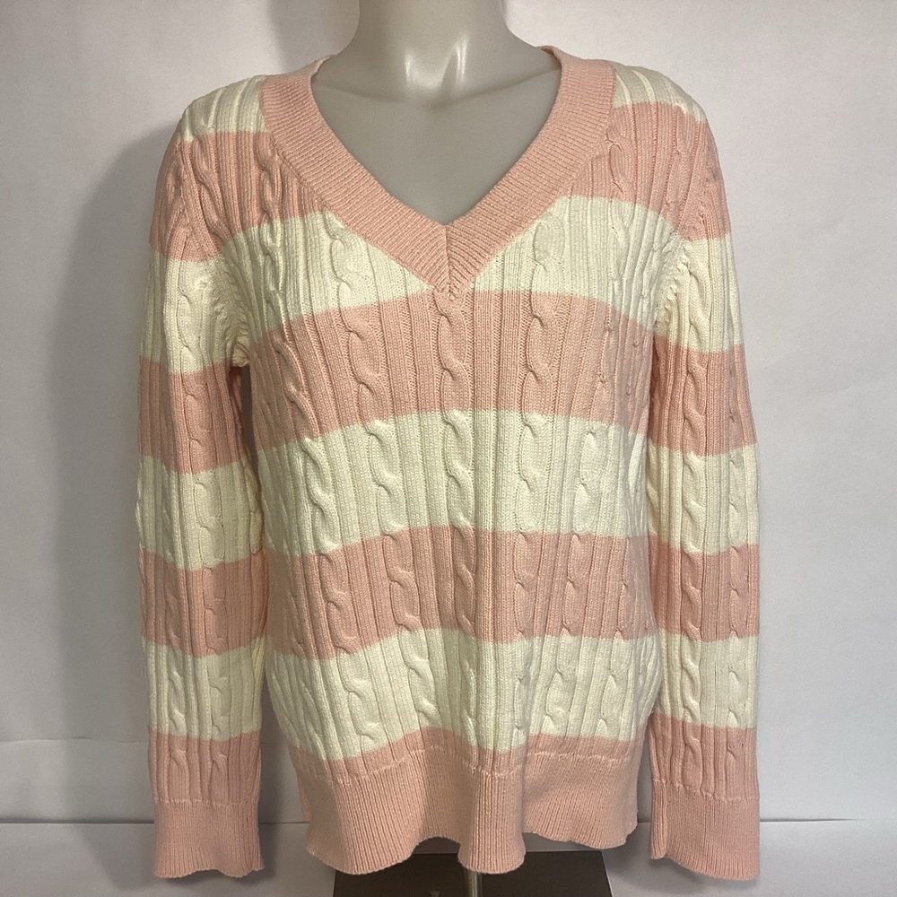 Chaps womens Striped v-neck cable knit cotton sweater size large
